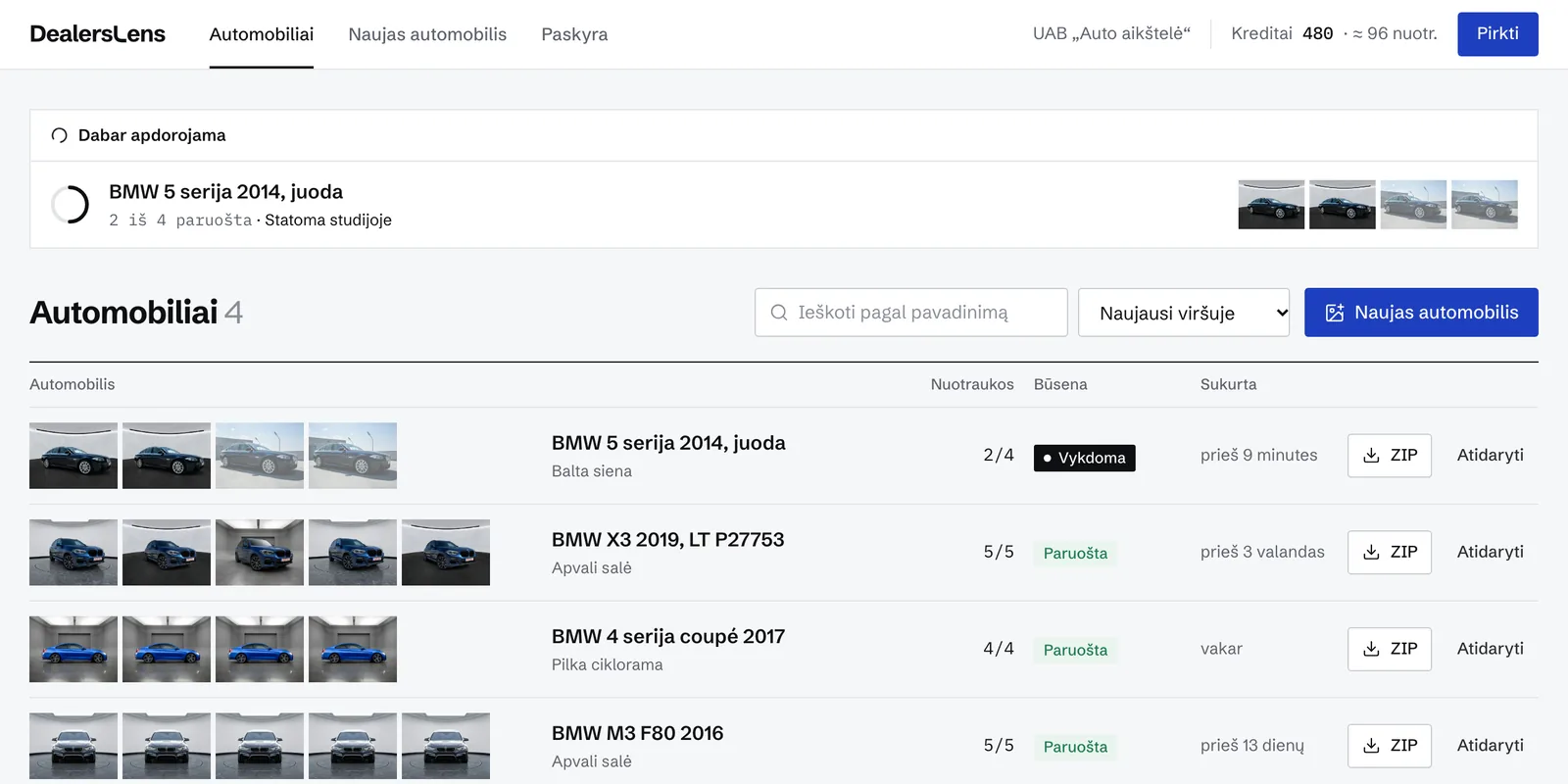 The DealersLens car list with photos, statuses and ZIP buttons