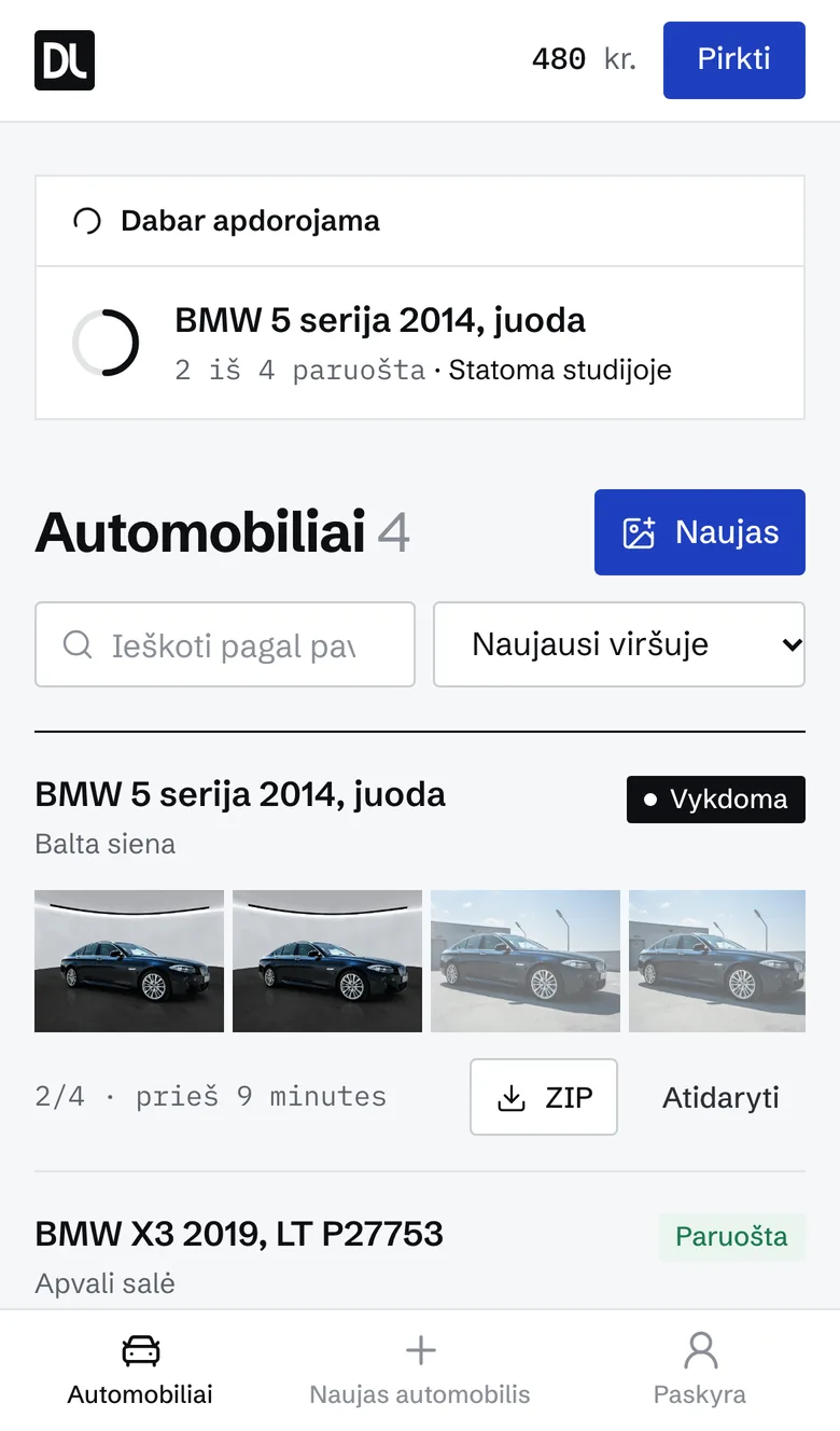 The DealersLens car list with photos, statuses and ZIP buttons